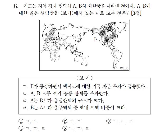 2014학년도 대학수학능력시험 세계지리 8번 문제 출제 오류와 관련해 오답 처리를 받은 수험생들에 대한 국가배상책임이 없다는 대법원의 판단이 나왔다. 문제가 된 세계지리 8번의 보기 'ㄷ'은 '유럽연합(EU)이 북미자유무역협정(NAFTA)보다 총생산액 규모가 크다'는 내용으로, 한국교육과정평가원이 최초로 발표한 정답은 'ㄷ'이 포함된 2번이었다. 그러나 2012년 실제 총생산액은 NAFTA가 EU보다 많았기 때문에 논란이 벌어졌고 법원은 "'ㄷ'은 명백히 틀린 지문"이라고 판결했다. 연합뉴스