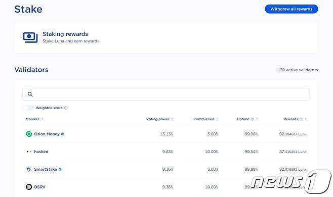 테라스테이션을 통해 루나를 스테이킹하는 화면. 테라스테이션 사이트 갈무리© 뉴스1