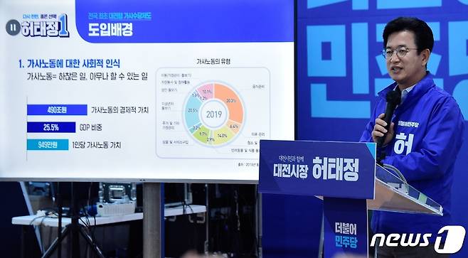 더불어민주당 허태정 대전시장 후보가 16일 서구 둔산동 온통행복캠프에서 대전형 가사수당제 도입에 관한 공약을 발표하고 있다. (온통행복캠프 제공) ©뉴스1