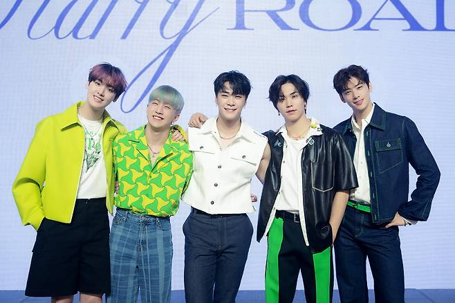 Astro members pose for picture during a media showcase for its third LP “Drive to the Starry Road” conducted in Seoul on May 16. (Fantagio)