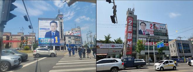 인천 계양을 국회의원 보궐선거에 출마한 더불어민주당 이재명 후보 선거사무소(왼쪽)와 국민의힘 윤형선 후보 선거사무소 모습. 국민의힘 윤형선 후보 캠프 제공