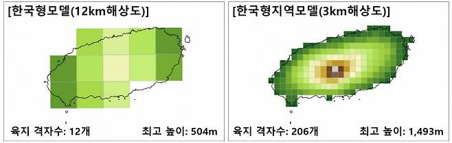 기존 12㎞ 해상도의 모델은 제주도를 12개 구역으로 분할해 분석했으나(왼쪽), 새 수치예보모델은 206개로 분할해 더 세밀히 살펴볼 수 있다. 기상청 제공