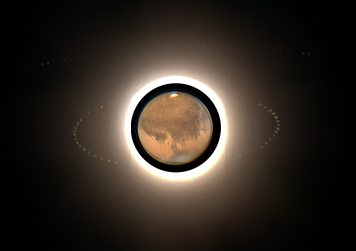 한종현 씨의 '화성과 위성들의 공전'. 화성을 공전하는 두 위성인 포보스와 데이모스를 담은 작품이다. 안쪽 궤도를 도는 것이 포보스이며, 데이모스는 바깥쪽 궤도를 돌고 있다. 천문연 제공