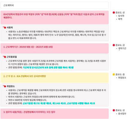 인텔리콘연구소의 근로계약서 위험 조항 분석기가 취약점과 관련 법령, 판례를 제시하는 모습. 출처=인텔리콘연구소
