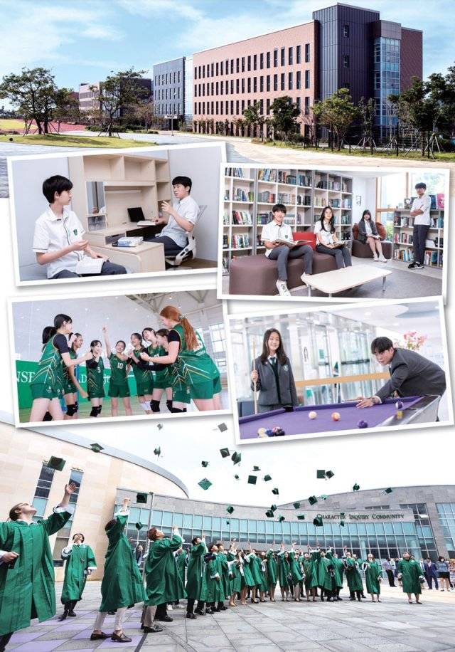 기숙사는 남학생동과 여학생동이 분리돼 있다. 기숙사에는 2인 1실의 방, 작은 도서관, 당구 등 각종 활동을 즐길 수 있는 레크리에이션 룸 등이 마련돼 있다. 학교에는 여자 배구팀처럼 기숙 학생들이 주축이 된 스포츠팀이 다수 운영되고 있다. 지난해 37명의 졸업생들이 사각모를 던져올리며 자축하는 모습.