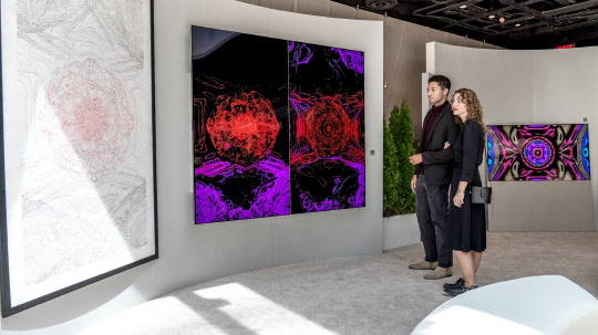 LG전자 모델이 올레드 에보 갤러리에디션과 함께 전시된 케빈 맥코이의 NFT 예술작품을 감상하고 있다. <LG전자 제공>