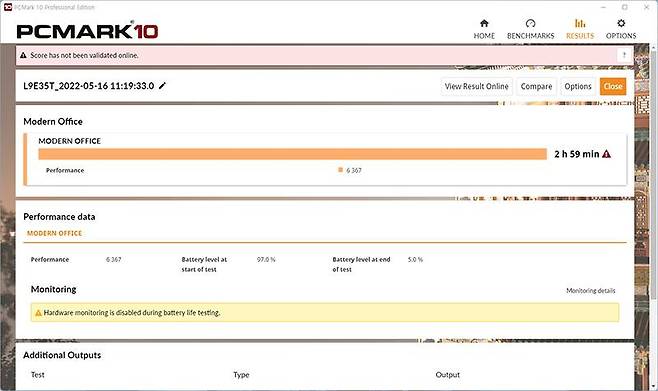 PC마크 10 '모던 오피스' 배터리 테스트 결과, 2시간 59분으로 확인됐다. 출처=IT동아