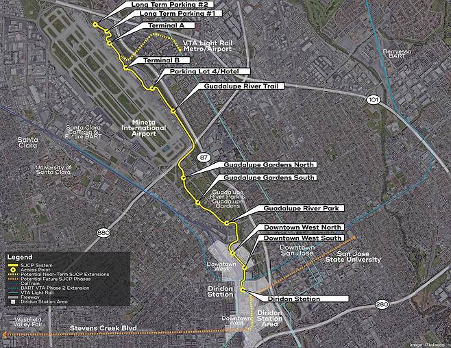 글라이드웨이즈가 미국 산 호세 지역에 제안한 대중교통 시스템 경로, 출처: 글라이드웨이즈