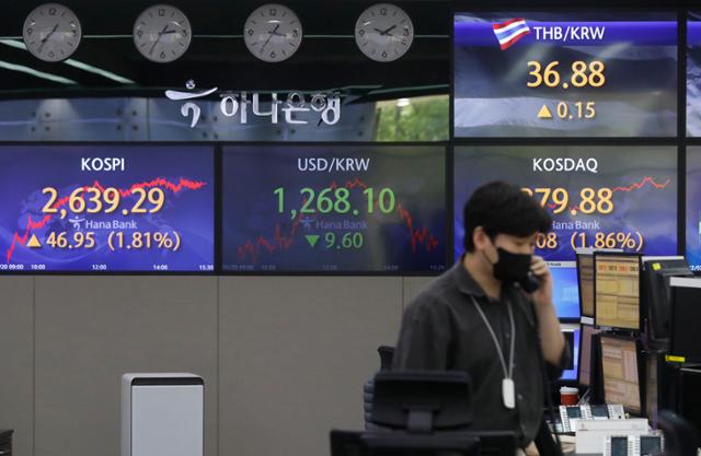 20일 서울 중구 하나은행 딜링룸에서 딜러들이 업무를 보고 있다. 뉴시스