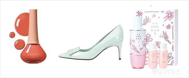 사진 : (왼쪽부터)&nbsp;구찌&nbsp;뷰티 베르니 아 옹글 Peggy Sunbum,&nbsp;세르지오 로시 SR1 PUPMPS 컬렉션,&nbsp;예화담 매화 생기 에센스 증량 세트