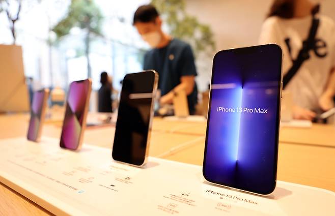 애플의 스마트폰 아이폰13 시리즈 판매가 시작된 8일 서울 강남구 Apple 가로수길에서 고객들이 아이폰13을 살펴보고 있다. /뉴스1
