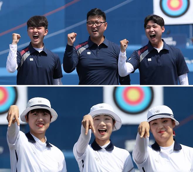 김우진·최미선은 ‘2관왕 명중’ 김제덕, 김우진, 이우석(왼쪽부터)이 22일 광주여대 특설경기장에서 열린 2022광주현대양궁월드컵 리커브 남자 단체전 결승에서 승리한 뒤 시상대에 올라 주먹을 들고 환호하고 있다. 아래 사진은 리커브 여자 단체전 결승에서 우승한 뒤 세리머니를 하는 안산, 최미선, 이가현(왼쪽부터). 광주 | 연합뉴스