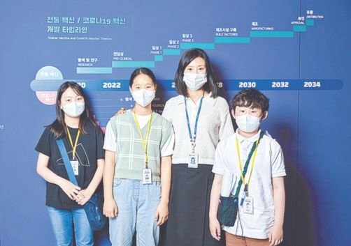 김선자(왼쪽에서 셋째) 연구사와 함께 전통적인 백신과 코로나19 백신의 개발이 어떻게 다른지 타임라인 그래픽을 살펴봤다.