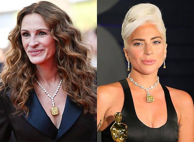 2022 칸 국제 영화제에서 '쇼파드'의 옐로 다이아몬드 목걸이를 착용한 할리우드 배우 줄리아 로버츠(왼쪽)과 2019 미국 아카데미 시상식에서 '티파니' 옐로 다이아몬드 목걸이를 착용한 가수 겸 배우 레이디 가가(오른쪽)/AFPBBNews=뉴스1