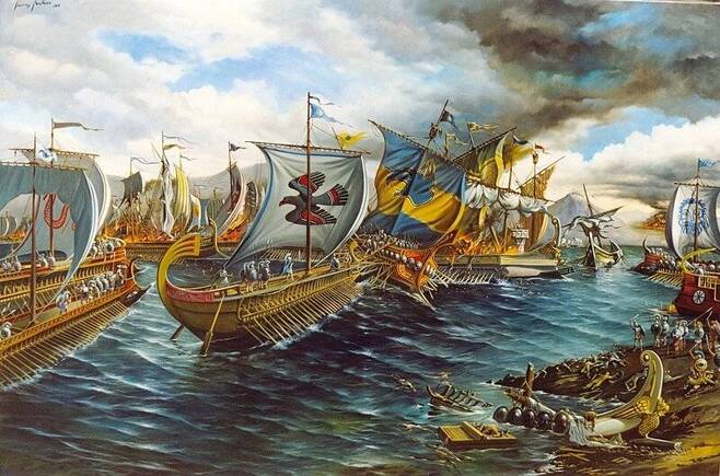 기원전 480년 살라미스 해전. 아테네는 200척의 삼단노선을 ‘나무 성벽’으로 삼아 페르시아 해군을 대파했다. 위키미디어 코먼스