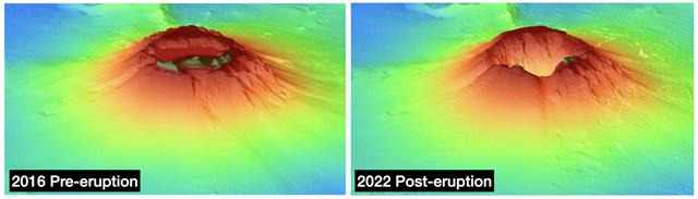 훙가 통가-훙가 하파이 화산이 폭발하기 전인 2016년(왼쪽)과 폭발한 이후인 2022년 3차원 지형도를 비교했다. 폭발 이후 전반적 형태는 달라지지 않은 것이 보인다. 극지연구소 제공