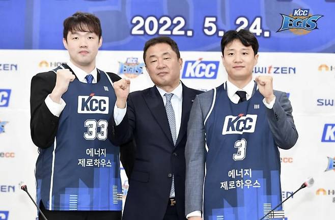 (왼쪽부터)이승현, 전창진 감독, 허웅. 전주 KCC 이지스
