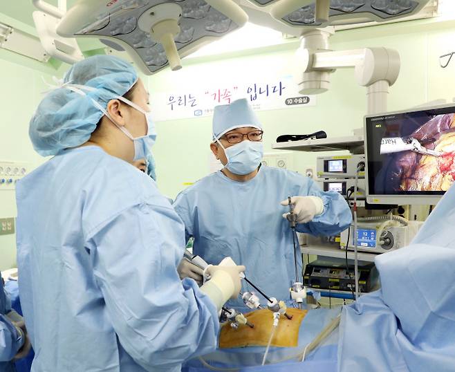 위암센터 진형민 교수(오른쪽)가 위암 환자를 대상으로 복강경수술을 시행하고 있다. 성빈센트병원 제공