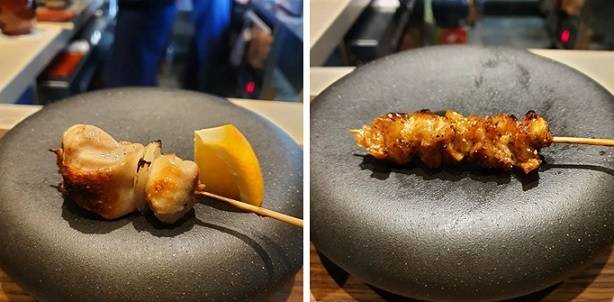 (From left) Grilled chicken skewers seasoned with different sauces at Kushiho (Kushiho)