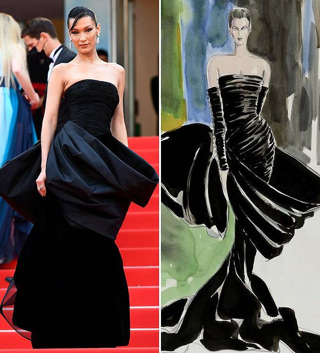 모델 벨라 하디드가 24일(현지시간) 영화 '인노센트'(L'innocent) 상영회서 입은 '베르사체' 1987 봄·여름 컬렉션 드레스/AFPBBNews=뉴스1, 트위터 계정 '@fendifaguette'