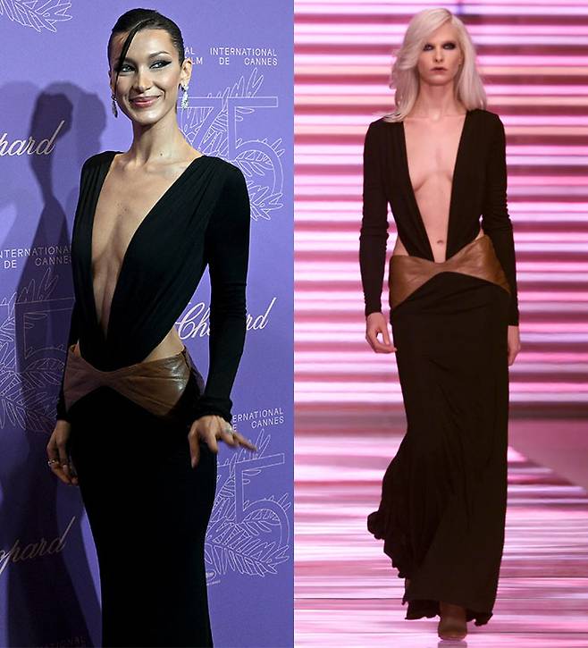 모델 벨라 하디드가 24일(현지시간) '칸 영화제 75주년 만찬'에서 입은 '베르사체' 2001 가을·겨울 컬렉션 드레스/AFPBBNews=뉴스1, 베르사체(Versace)