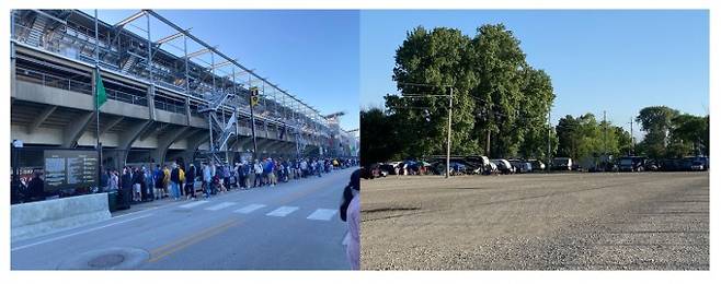 28일(현지시간) 미국 인디애나 주 인디애나폴리스 모터스피드웨이(IMS) 경기장 입장을 기다리는 관중들과 경기장 주변 캠핑장 풍경. 인디애나폴리스=고재원 기자 jawon1212@donga.com