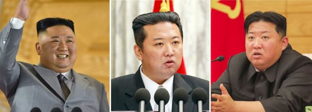 왼쪽부터 차례로 2020년 10월 10일 조선노동당 창건 75주년 경축 열병식, 2021년 12월 28일 당 전원회의, 2022년 5월 12일 당 정치국 협의회때 김정은 북한 국무위원장 모습. 지난해 체중을 감량한 모습으로 주목받았던 김 위원장이 최근 다시 살이 찐 것으로 보인다. 조선중앙통신, 연합뉴스