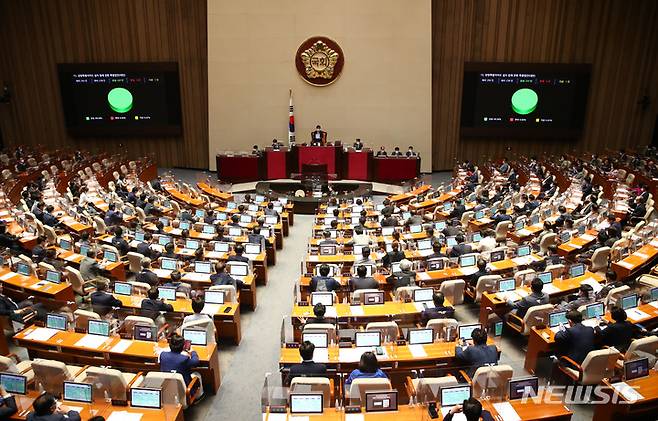 [서울=뉴시스] 29일 오후 서울 여의도 국회에서 열린 본회의에서 '인구감소지역 지원 특별법'이 통과되고 있다. (공동취재사진) 2022.05.29. photo@newsis.com