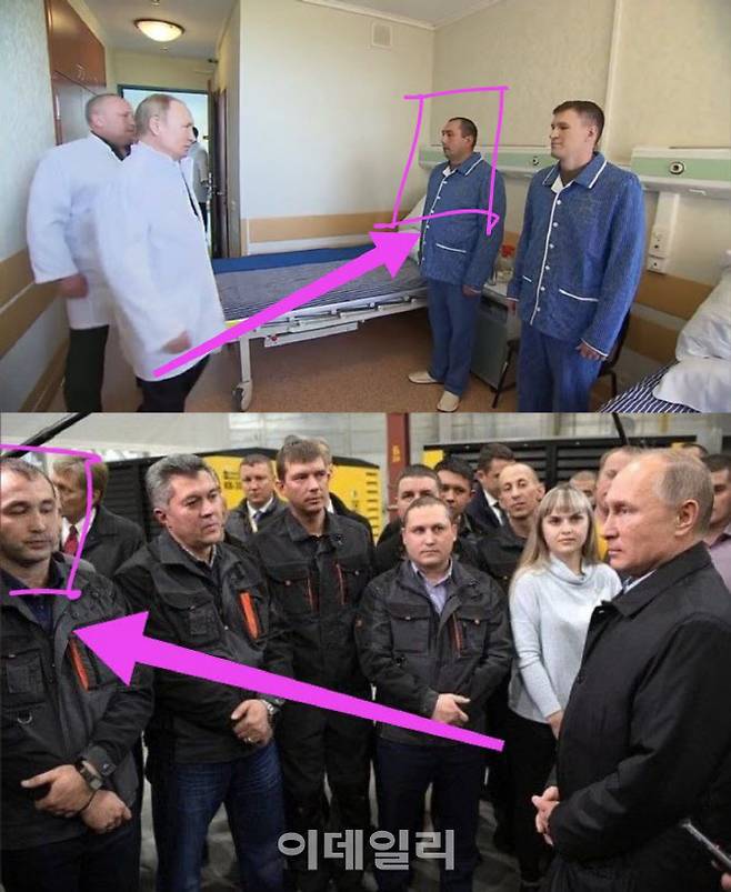 유사한 신체적 특징으로 인해 같은 인물로 의심받고 있는 러시아 부상병과 첼라빈스크 공장 직원. (사진=애덤 랑 트위터)