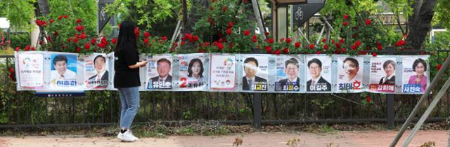 지난 19일 세종시 보람동에서 한 시민이 지방선거 후보 벽보를 살펴보고 있다. 세종시에서만 6명의 교육감 후보가 출마했다. 연합뉴스