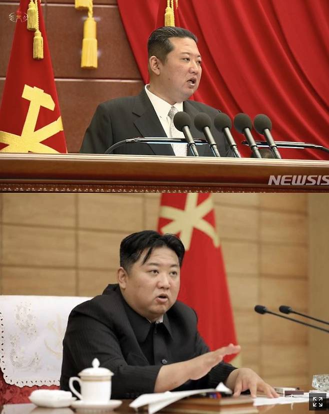 김정은 북한 국무위원장의 지난해 12월 모습(위)과 올해 5월 모습(아래)/사진=뉴시스(위)= 조선중앙통신(아래)