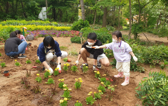 홍성군은 홍주성천년여행길 매봉재 코스에 위치한 홍성 숲 놀이터에 '가족과 함께 꽃밭 꾸미기' 프로그램을 통해 아름다운 꽃밭을 만들었다. 사진=홍성군 제공