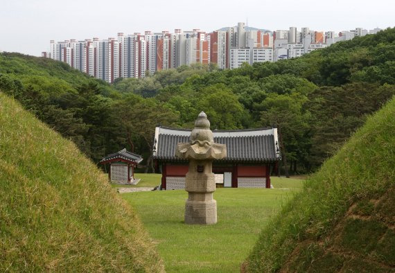 [김포=뉴시스] 배훈식 기자 = 문화재청이 일명 '왕릉뷰 아파트'의 입주 유보를 위한 행정 조정을 신청한 것으로 알려진 11일 오후 경기 김포시 장릉(사적 제202호) 앞 시야를 고층 아파트가 막고 있다. 2022.05.11. dahora83@newsis.com /사진=뉴시스