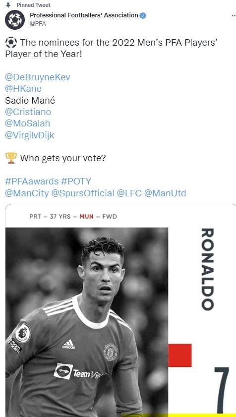 손흥민은 PFA 올해의 선수 후보 6인에 들지 못했다. 대신 호날두가 포함됐다. [사진 PFA 트위터]