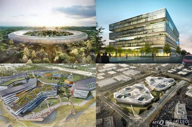 (왼쪽 위부터 시계방향으로)애플, 삼성, 엔비디아, 구글의 실리콘밸리 신사옥 조감도. /사진=페이스북