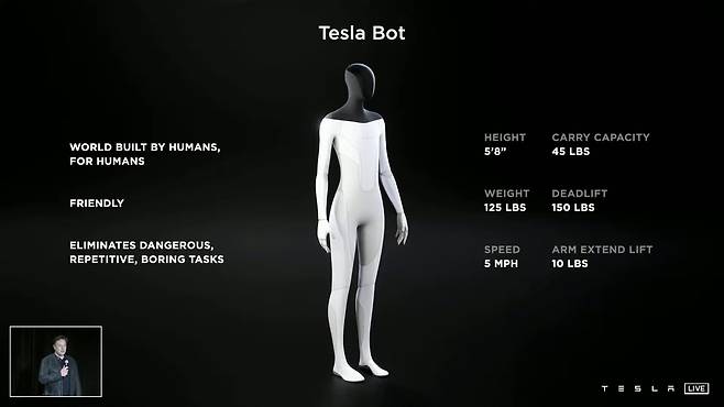 일론 머스크 테슬라 최고경영자(CEO)가 지난해 8월19일(현지시간) AI(인공지능)데이에서 공개한 휴머노이드 로봇 '테슬라 봇'.(테슬라 유튜브 영상 갈무리). © 뉴스1