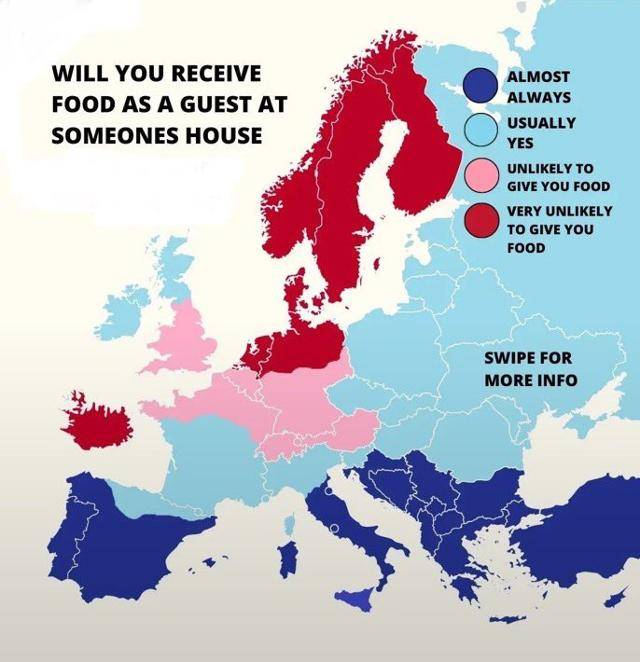 스웨덴게이트 '밈'(meme)으로 돌고 있는 서유럽 지도. 손님에게 식사대접을 잘하는 국가와 그렇지 않은 국가를 구분하고 있다. 파란색은 대접을 잘하는 국가, 하늘색은 대체로 잘하는 국가, 분홍색은 음식을 잘 안 주는 국가, 빨간색은 음식을 정말 안 주는 국가다. 트위터 캡처