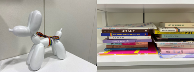 강동성심병원 성형외과 곳곳에 성소수자를 상징하는 무지개 리본을 단 조형물과 성소수자 관련 서적이 있다. 김가윤 인턴기자