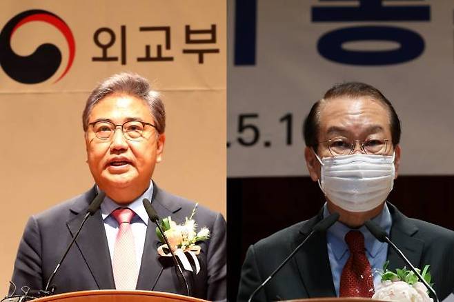 윤석열 정부 초대 내각에서 외교부·통일부 장관직을 수행하는 박진·권영세 국민의힘 의원. &nbsp; 사진=쿠키뉴스DB, 통일부