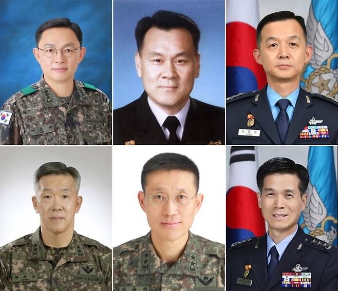 사진 상단 왼쪽부터 시계방향으로 여운태 육군참모차장, 김명수 해군 참모차장, 윤병호 공군참모차장, 박하식 공군작전사령관, 김규하 수도방위사령관, 황유성 군사안보지원사령관 내정자. 합참 제공