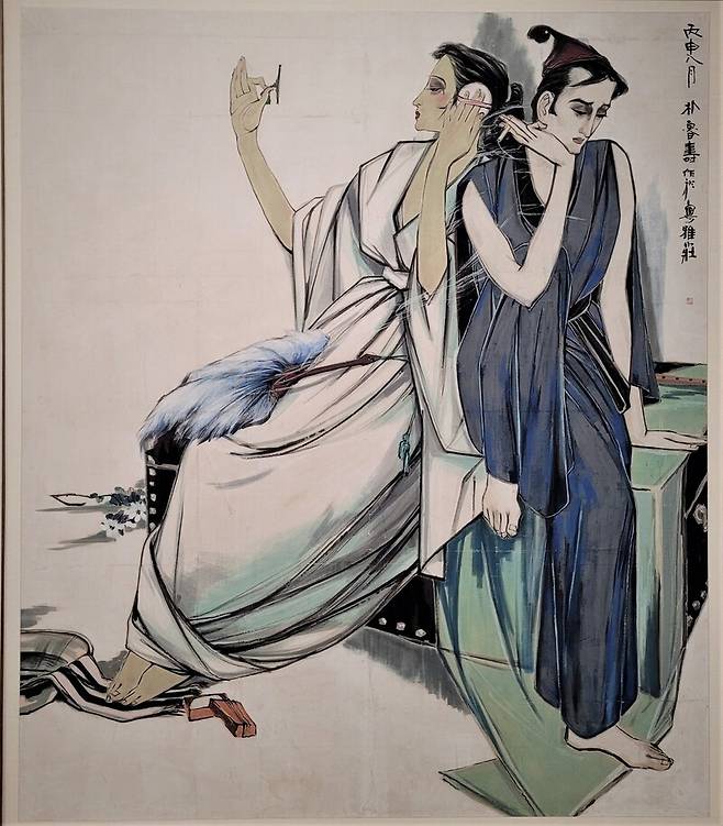 진주 이성자미술관에 차린 ‘한국 채색화의 흐름’전에 나온 박노수 작가의 1956년 작 <휴식>. 서양인의 용모로 분장한 두 여성 배우가 무대 뒤에서 쉬고 있는 모습을 표현주의적 터치로 담은 채색화다.