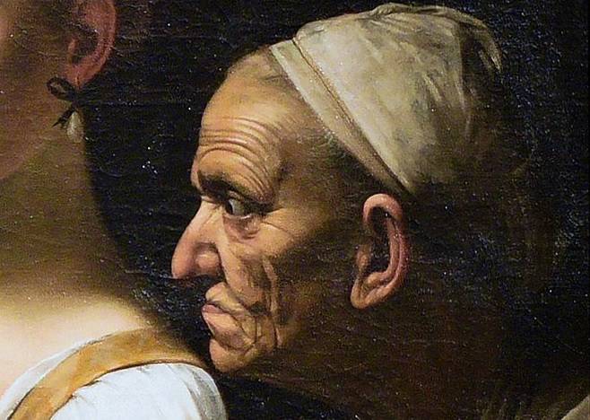 카라바조, 홀로페르네스의 목을 치는 유디트(일부 확대), 1598