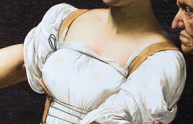 카라바조, 홀로페르네스의 목을 치는 유디트(일부 확대), 1598