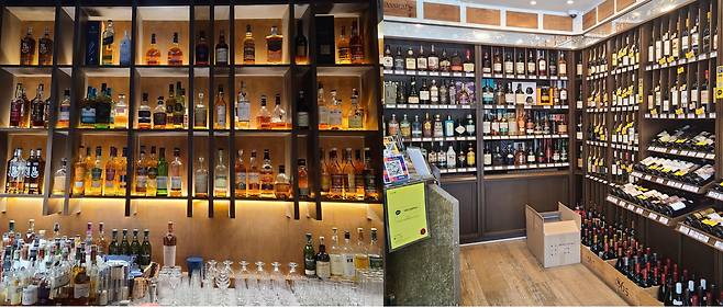 11일 위스키 바 진열장에 다양한 위스키들이 진열돼 있다(왼쪽). 주류매장에도 위스키를 찾는 손님들을 위한 공간이 마련돼 있다. /민영빈 기자