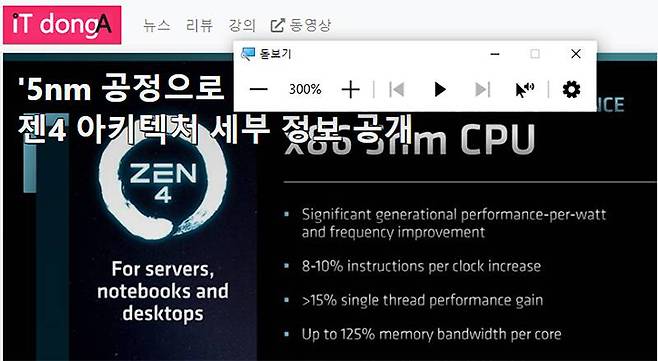돋보기를 활용하면 모니터에 표시되는 화면 자체를 확대할 수 있다. 캡처와 달리 해당 장면은 실제로도 커보인다. 출처=IT동아