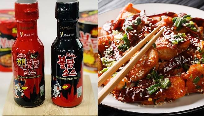삼양 불닭소스(왼쪽), 중국 마라샹궈 요리(오른쪽). [삼양식품·123rf]