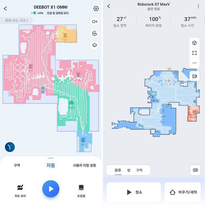 모바일 앱에서 확인한 에코백스(왼쪽)과 로보락(오른쪽)의 매핑 능력 및 청소 경로