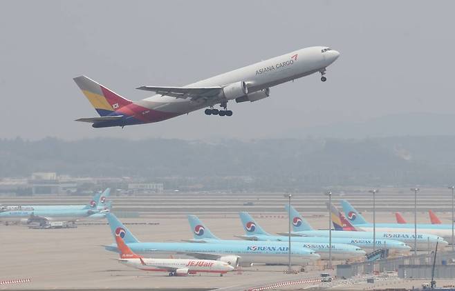 [인천공항=뉴시스] 조수정 기자 = 아시아나항공이 1분기 기준 최대 실적을 경신했다. 1분기 화물 사업 매출이 8843억원으로 전년동기대비 45% 늘어난 덕분이 컸다. 대한항공도 올해 1분기 7884억원의 영업이익과 2조 8052억원 매출을 기록, 전년 동기 대비 533%, 60% 증가했다. 이는 2조 1486억원의 화물 노선 실적 덕분이다. 사진은 17일 오후 인천국제공항 아시아나항공 화물기가 이륙 준비하는 모습. 2022.05.17.