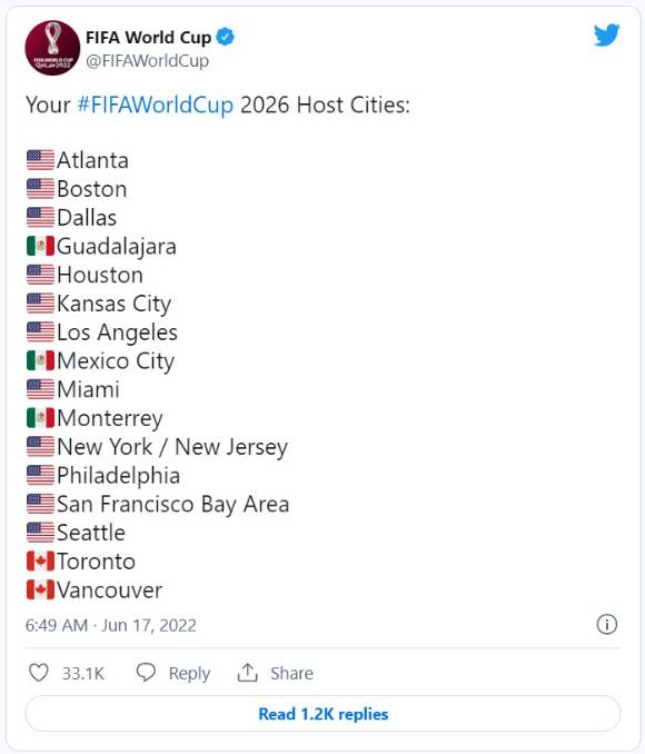 FIFA(국제축구연맹)가 2026 월드컵이 열릴 16개 도시를 발표했다. [사진=FIFA 홈페이지 캡처]