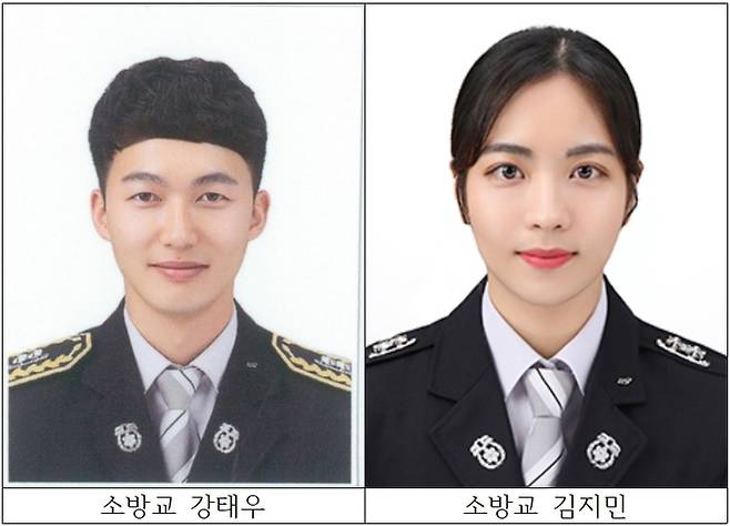 바다에 빠진 외국인 관광객을 구한 강태우 소방교와 김지민 소방교.(사진=충남소방본부 제공) *재판매 및 DB 금지